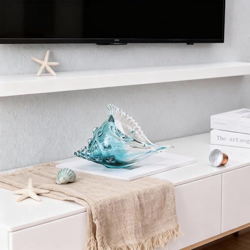 Hand-blown glass conch sculpture, modern green sea glass art decorative conch statue, coastal decor shell sculpture, suitable for living room TV cabinets, offices, shelf decorations and ornaments.