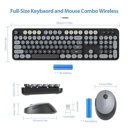 Image of Owpkeenthy Retro Keyboard and Mouse Wireless, Cute Black Keyboard with Retro Typewriter Style Full-Sized with Number Pad Round Keys for Desktop, Laptop and Computerr (Gradient Dark)