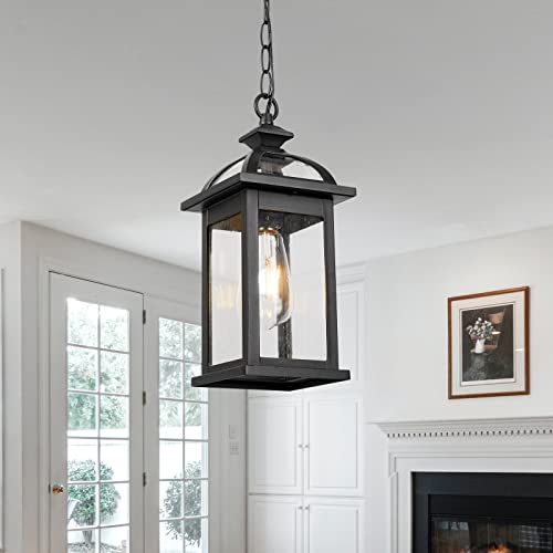 Darkaway Outdoor Pendant Light Fixture Lantern, Hanging Porch Light With Glass Aluminum Outdoor Pendant Lights For Porch, Patio, Entryway (1 Pack, Black) #TOP7