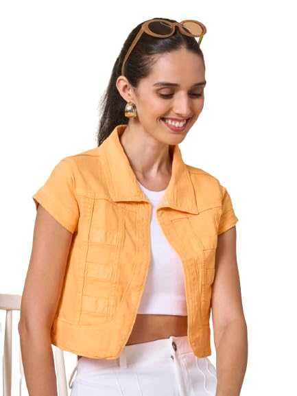 Image of Style Quotient Women Navy Blue Denim Open Front Regular Shrug