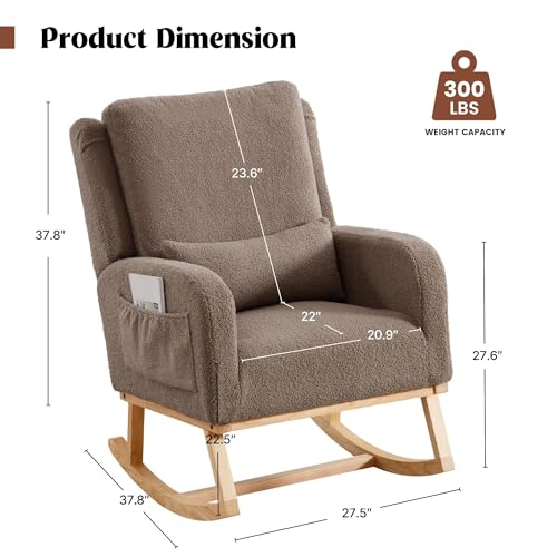 Image of HCHAIRH Rocking Chair Nursery, Teddy Nursing Rocking Chairs, Upholstered Nursery Glider Rocker Wingback Morden Rocking Chair with Lumbar Pillow for Mom Nursery, Living Room, Bedroom, Coffee