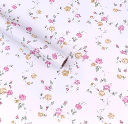 Image of White & Pink Floral Self Adhesive Wallpaper with Small Pink Flowers, Waterproof PVC Vinyl Peel and Stick, Bedroom, Living Room and Furniture (45x300 cm - Pack of 1)