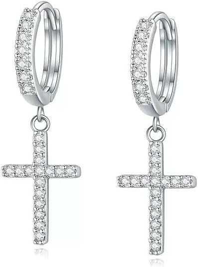 Cross Hoop Dangle Earrings for Women Teen Girls, Trendy Gold Cross Drop Earrings Small CZ Huggie Hoops Dangling Diamond Cross Earrings