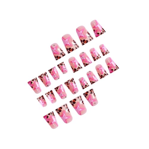 Image of Star Press on Nails Leopard Print Fake Nails French Tip Glue on Nails with Rhinestone Design Glossy False Nails Reusable Artificial Acrylic Full Cover Duck Stick on Nails for Women Manicure 24Pcs