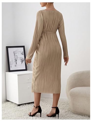 BEAUDRM Vestido feminino para gestantes texturizado, manga comprida, cinto para gravidez, vestido mi