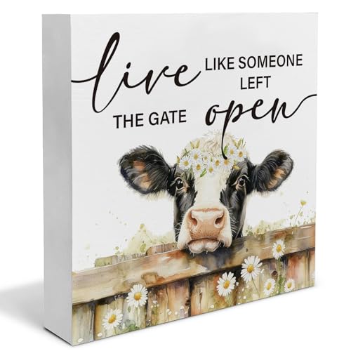 Cow Desk Decor, Live Like Someone Left the Gate Open Wooden Box Sign, Farmhouse Black White Cow Home Office Kitchen Bedroom Decorations