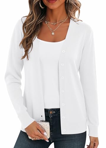 VIISHOW Women's V-Neck Button Down Knitwear Long Sleeve Soft Basic Knit Cardigan Sweater, Pure White, Large