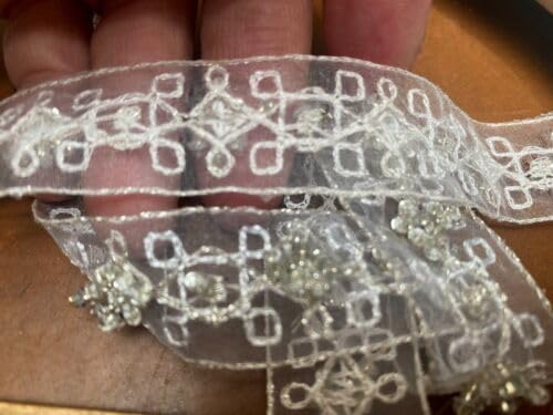 White & Silver Embroidered Trim Hand Sewn 7/8" Glass Beads White Silver Organza 1yd Fabric