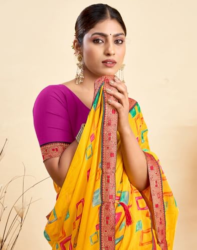 Image of SIRIL Women's Printed Chiffon Saree with Unstitched Blouse Piece