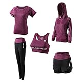 Frauen-5-Teiliges Set Yoga Wear Sport Herren Active Set Fitness Bekleidung Sportlich Tracksuits Schnell Trocknend Yoga Pants Gym Anzug Laufen,Lila,XXL