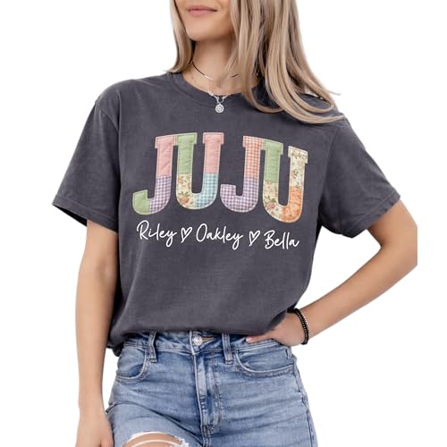 NAZENTI Personalized Juju Shirt Gifts for Grandma, Custom Grandma Faux Patchwork Shirt with Grandkids Name, Mimi Tee Gift for Mothers Day, Birthday, Christmas, Mama Tshirt for Women, Gigi Gift