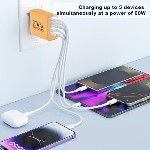 60W USB C Charger Block, Versatile iPhone Charger, Yellow (1 Pack) | 5 Ports PD 3.0 25W Single Max Fast Charger, QC 2A USB Wall Charger for iPhone Duo 18 17 16 15 14 13 12 11 Pro Max, iPad, iPod - image 6