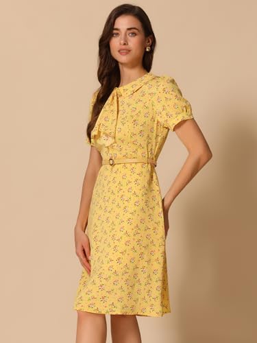 Image of Allegra K Women's Peter Pan Collar Tie Neck Short Sleeves A-Line Elegant Belted Vintage Floral Dress
