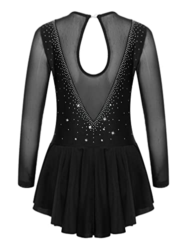 Agoky Kid Girls Shiny Figure Ice Skating Dress Long Sleeve Gymnastic Leotard Dress Roller Skater Ballet Dance Dress Dancewear Black 7-8 Years #TOP1