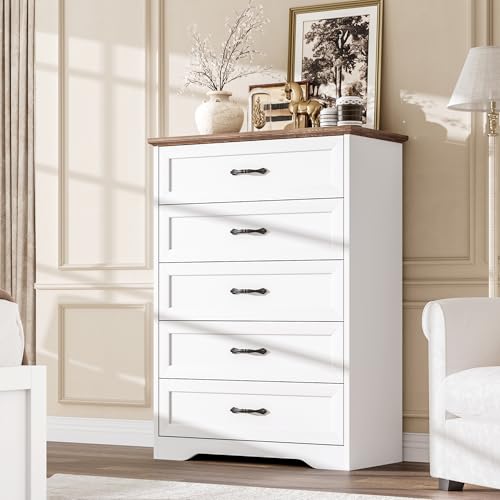 GarveeHome 5 Drawers Dresser for Bedroom, Chest of Drawers with Wide Metal Handle, Farmhouse Modern Wooden Tall Dresser, Storage Organizer for Bedroom, Living Room, Kids Room(White and Brown