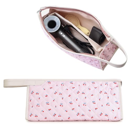 YATFRIK Large Quilted Travel Case, Floral Carrying Storage Bag Hair Dryer and Attachments, Portable Hair Tool Bag with Handle