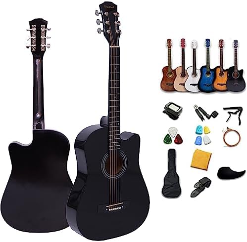 Rosefinch 38 inch Acoustic Beginner Guitar 3/4 Size Basswood Glossy Folk Guitar Starter Kits W/Bag Picks Capo Strap Steel Strings 38 inch Black