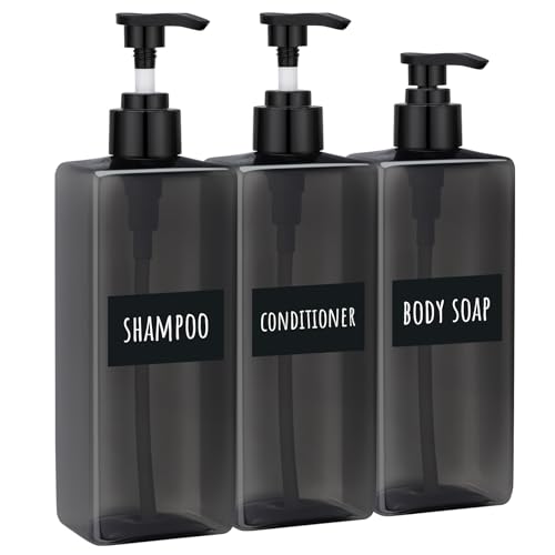 Image of Segbeauty 16.9oz Shampoo Bottles Refillable Pump Bottle, 3pcs Shower Bottle Soap Dispenser with Labels, 500ml Gray Empty Plastic Square Shampoo Conditioner Dispenser, Body Wash Containers for Bathroom