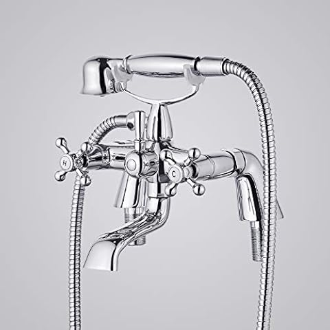 Victorian Style Bath Shower Mixer Tap Set with Handheld Shower Head Telephone Cradle for Bathtub Deck Mounted Chrome Brass Traditional Vintage Cover