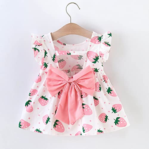 Vestido infantil para meninas com manga mosca infantil com estampa de morango e laço de princesa (ro