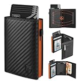 TEEHON Carteras para Hombre, Tarjetero Hombre con Bloqueo RFID Magnético, Fibra de Carbon Cartera con Monedero & Compartimentos para Billetes & Ventana ID (Clásico, Negro Naranja)