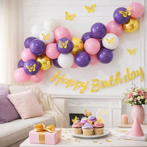 Image of Rozi Decoration Butterfly Theme Balloon Decoration Kit with Happy Birthday Banner for Girls Birthday, Pink Purple White Chrome Gold Balloons Set for Home Celebration and Party Decor Pack of 43 Pcs