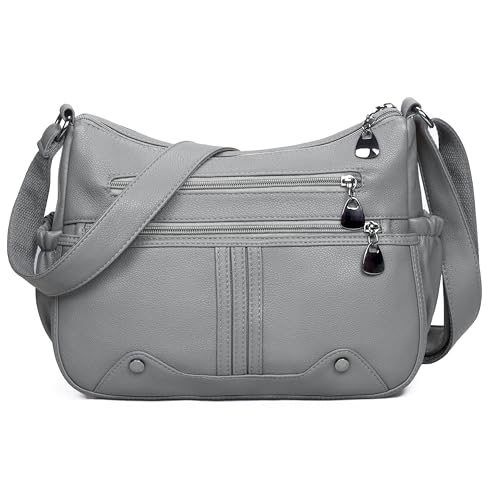 Women Soft PU Leather Shoulder Handbag Multi Pocket Crossbody Bag Ladies Medium Roomy Purses Fashion Tote Top Handle Satchel (Grey)