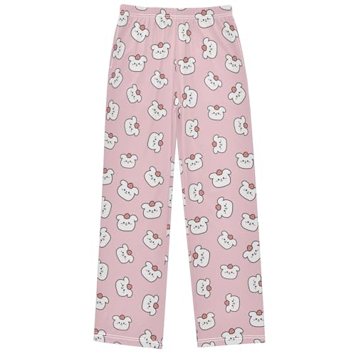 Boy's Pj Pants White Dog Head Strawberry Pink Lounge Bottoms Elastic Waist Kids Joggers with Pockets Size 6-14