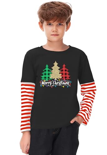 Image of Remimi Unisex Kids Christmas Long Sleeve Shirt Xmas Print Stripe Shirts 2-12 Years