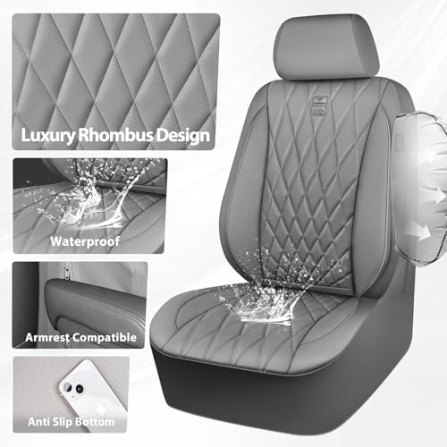 Image of CAR PASS Piping Luxury PU Leather Two Front Car Seat Covers, Waterproof Anti Slip Seat Covers Compatible with Front Seat Armrests,Universal Fit for Suvs,Vans,Trucks,Airbag Compatible(All Gray)