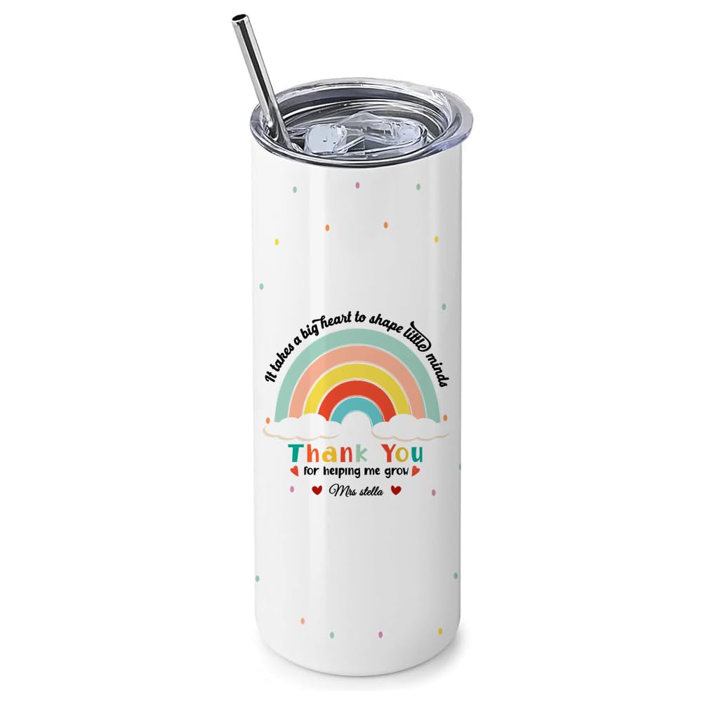 Best Teacher Gift, Personalised Thank You for Helping Me Grow, Thanks Giving, 20 OZ Stainless Steel Skinny Tumbler, Double Walled Vacuum Insulated with Closed Lid and Metal Straw.