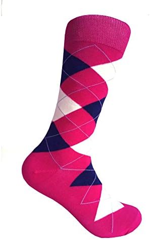 Men's Argyle Mid Calf Dress socks,One Size Fits Most Men Sock Size 10-13. (Hot Pink/Navy/Off White)