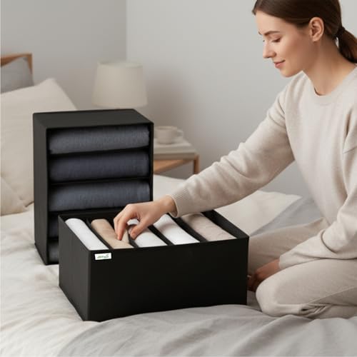 Image of JD FRESH 5 Slot Non-Woven Fabric Clothing Storage Box /Foldable Wardrobe Organizer /Multipurpose Storage Organisers for clothes /Shirts /T-Shirts /Dress /Sweaters /Jeans (Pack of 2, Black)