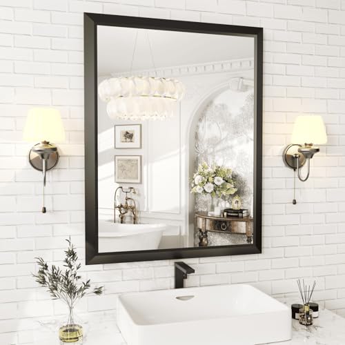 Amorho Black Bathroom Mirror, 71X91 CM Thick Metal Framed Wall Mirrors for Over Sink, Bedroom, Living Room, Entryway, Tempered Glass, Shatter-Proof, Rectangle Wall-Mounted Mirrors(Horizontal/Vertical)