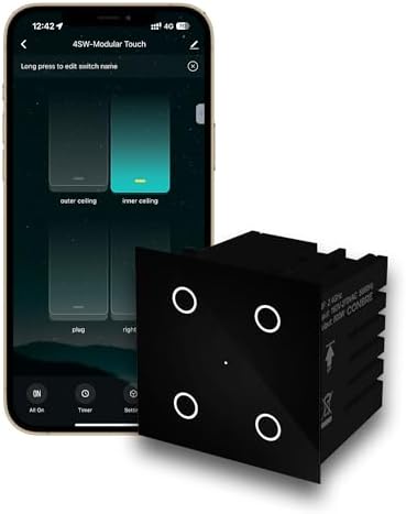 CONBRE SW4 Wi-Fi Smart Modular 4 Gang Touch Switch for Home automation, Energy Monitoring, remote control | Suitable for fan, light & 10A socket | Works with Alexa, google Assistance & Siri (1, Black)