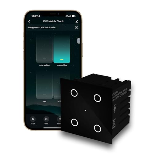 CONBRE SW4 Wi-Fi Smart Modular 4 Gang Touch Switch for Home automation, Energy Monitoring, remote control | Suitable for fan, light & 10A socket | Works with Alexa, google Assistance & Siri (1, Black)