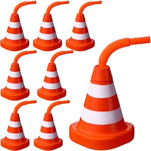 Sawysine Construction Cone Cups with Straws Bulk, Party Favor, 10 oz Plastic Reusable Kids Race, Traffic Theme Racing Car Birthday Party Supplies (8 Pack)