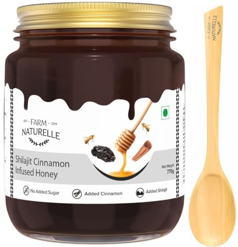 Image of Farm Naturelle - Shilajit infused in Cinnamon honey-powerful, therapeutically beneficial as well as fabulously tasty-for both, men n women-crafted wooden spoon along-700+75gm Extra