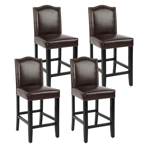 LSSPAID Counter Height Bar Stools Set of 4, 24.8 Inch Pu Upholstered Barstools, Kitchen Island Chairs with Bronze Nail Backrest and Solid Wood Legs for Kitchen Pub Home Cafe, Brown