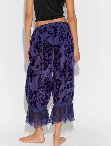 Image of UAURORAO Women Lace Trim Bloomer Pants Flowy Culottes Pantaloons Bloomers