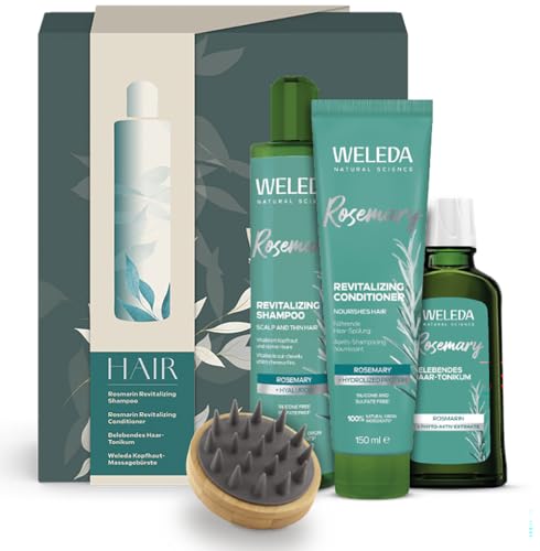 WELEDA Bio Haarpflege Geschenk Set - Naturkosmetik Geschenkbox Pflegeset bestehend aus Rosmarin Haartonikum Shampoo Conditioner & Kopfmassagebürste. Optimal zur täglichen Pflege von Haar & Kopfhaut