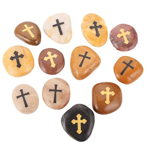 ROCKIMPACT 12pcs Comfort Cross Engraved Worry Stones for Pray Faith