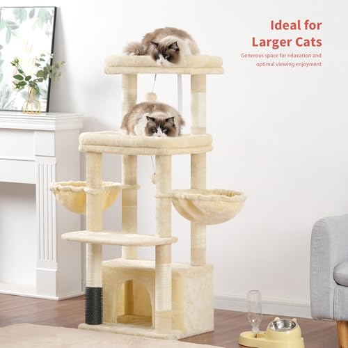 Image of Hey-brother Cat Tree Tower, Scratching Posts with Extra Large Platform, Specious Condo, 2 Cozy Hammocks, Self-Grooming Brush for Indoor Adult Cats, Maine Coon 51.1 inches, Beige MPJ070M