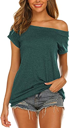 BDTECAOR T-Shirt Damen Baumwolle Locker Off Shoulder Oberteile Kurzarm Sommerblusen Western Outfit Grün S