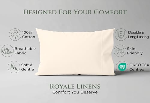 Image of Royale Linens 100% Cotton Pillow Cases Queen Size Set of 2 - Percale Pillowcase - Cream Pillow Cases Super Soft Cooling & Breathable Hotel Cotton Pillowcases, Fits Queen Pillows (20 inchx30 inch, Cream)