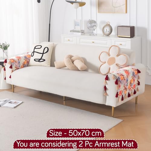 Image of HOKIPO Premium Sofa Armrest Cover (1 Pair) | Printed Holland Velvet with Tassels | 'Whispers of Nature' Vintage Rose Bloom (IN-1115-D12*2SM)