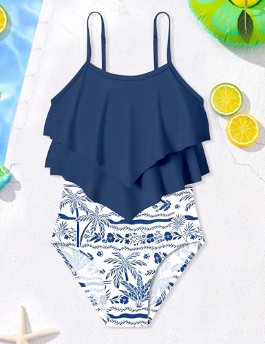 Image of Girls Swimsuit Color Block One Piece Swimsuit 2-Tiered Ruffle Bathing Suit Adjustable Strap Girls' Swimwear 7-16Y