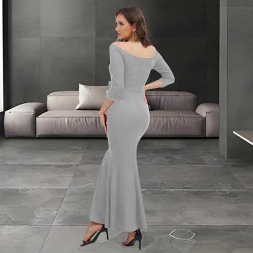 Image of Women's Elegant Formal Mermaid Maxi Dress Off Shoulder Long Sleeve Wedding Split Evening Gown Prom Cocktail Party Dresses