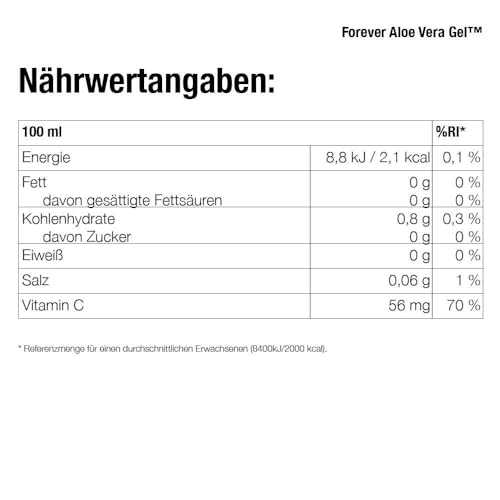 Forever Aloe Vera Gel (1 Liter Saft zum trinken), 100% pures zertifiziertes Aloe Vera Gel, zuckerfrei, ohne Zusatz von Konservierungsstoffen, VitaminC