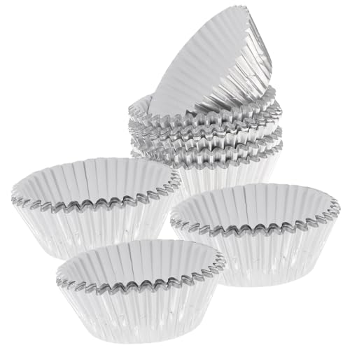 ULTECHNOVO 100 Piezas Unidades Moldes para Cupcakes de Aluminio Grueso Plata Moldes para Muffins y Tartas Mini Desechables para Hornear Capacillos Resistentes para Fiestas y Celebraciones